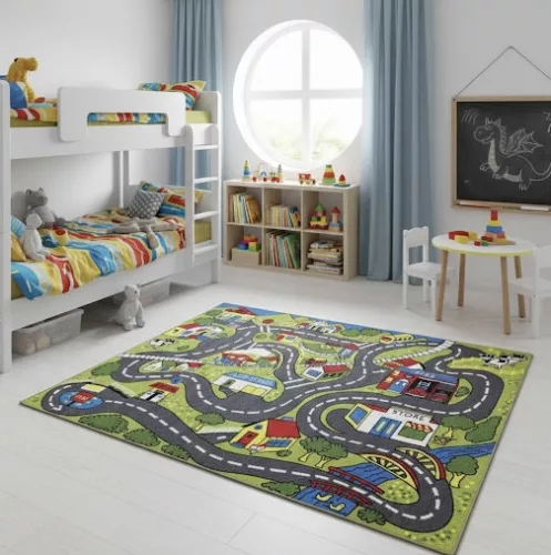 Gyerek szőnyeg, zöld, kisvárosi utak, 80x120cm