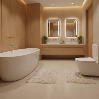   Kétrészes bézs, domborított mintás fürdőszobai szőnyeg