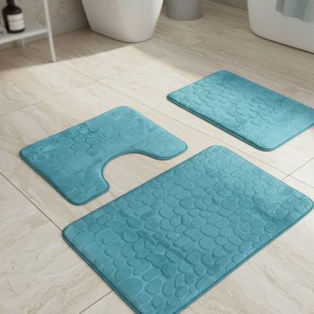   Háromrészes kék, domborított mintás fürdőszobai szőnyeg