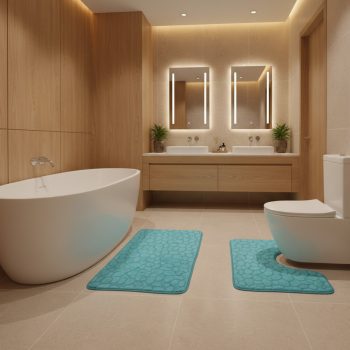   Kétrészes kék, domborított mintás fürdőszobai szőnyeg