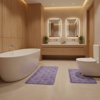   Kétrészes lila, domborított mintás fürdőszobai szőnyeg