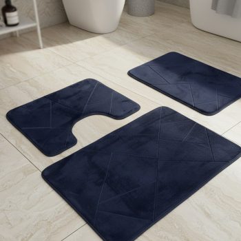   Háromrészes sötétkék, domborított mintás fürdőszobai szőnyeg