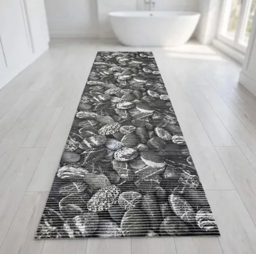 PVC fekete-fehér kavics mintás fürdőszobai szőnyeg 65 cm