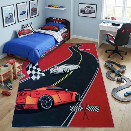 Piros autós mintás gyerekszőnyeg 130x180 cm