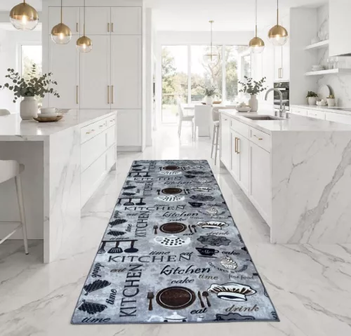 Konyhai szőnyeg 38910 szürke, kávé mintás 70x200 cm