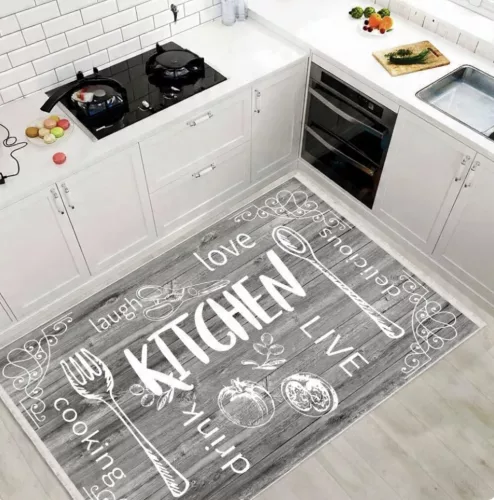 "Kitchen" feliratos szürke konyhai szőnyeg 60x180 cm