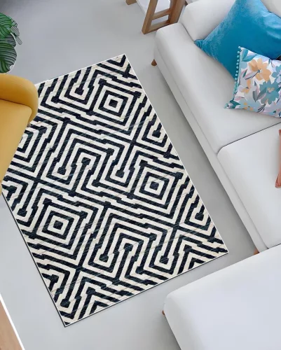 Loomi bézs, fekete geometrikus mintás szőnyeg 140x200