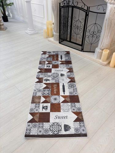 Szürke és barna vintage csempe mintás konyhai szőnyeg 70x200 cm