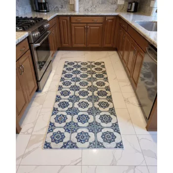 Bézs alapon kék csempe mintás konyhai szőnyeg 60x180 cm